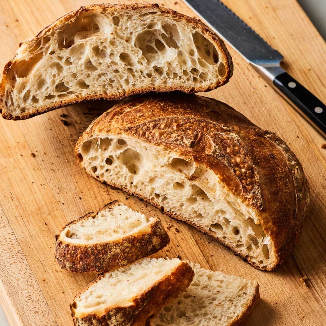 Freshly baked sourdough bread crusty on the outside soft and tangy on the inside perfect for foodies seeking artisan flavour